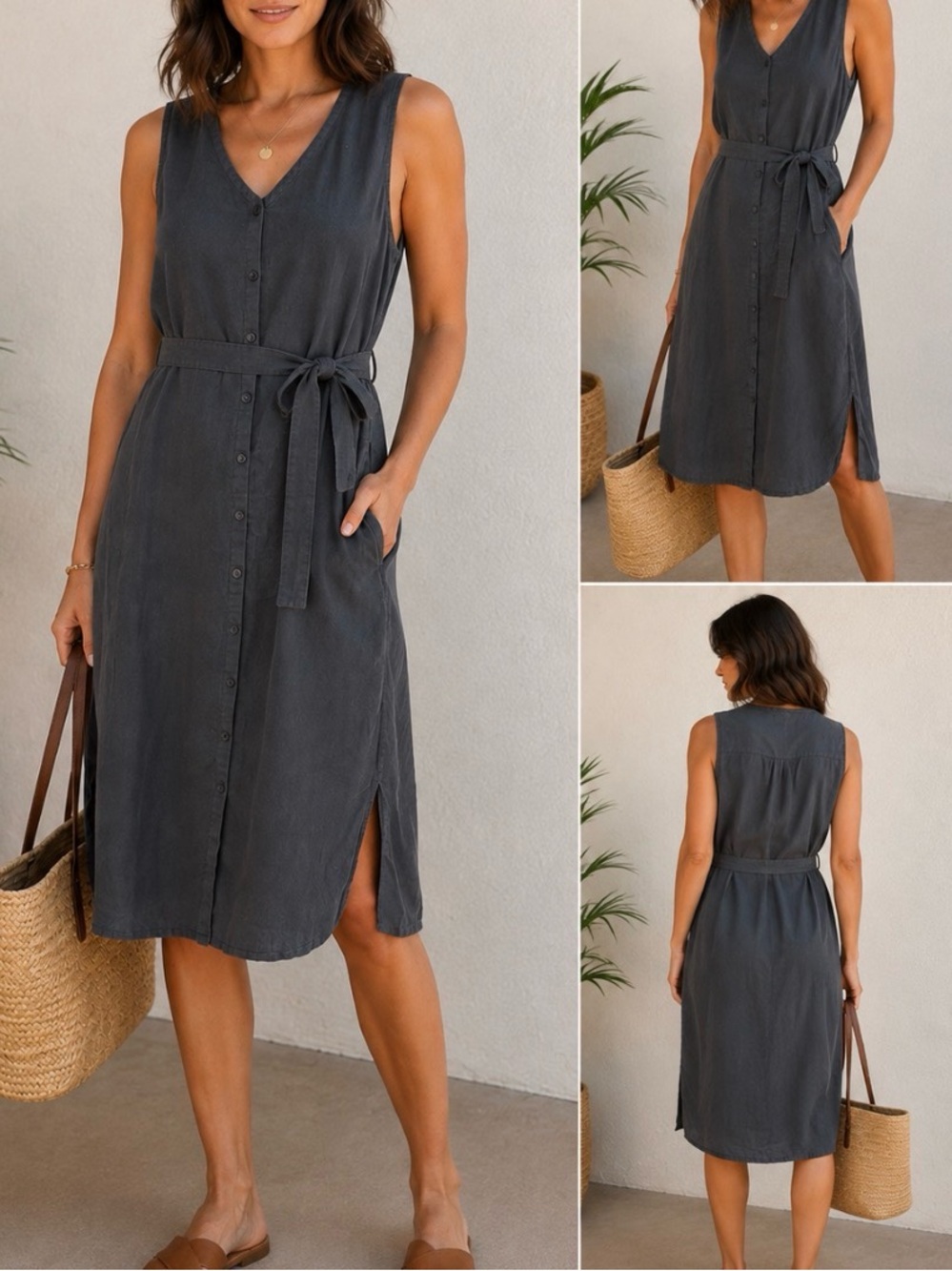 Bridge & Burn Sleeveless Button-Front Midi Dress with Self Tie Belt V1